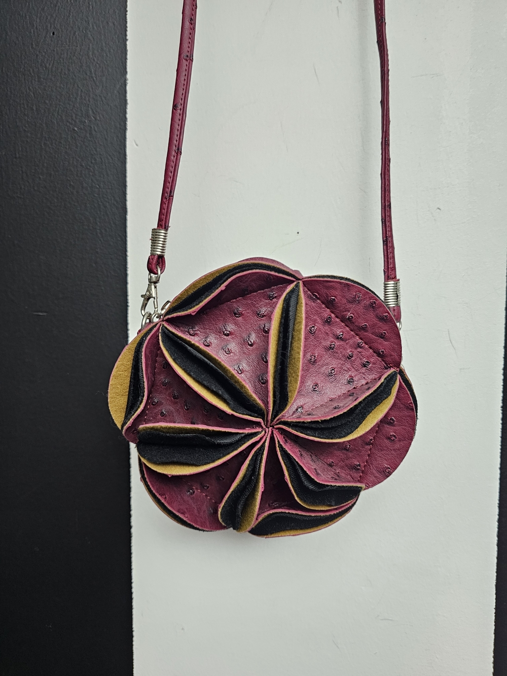 Burgundy Floral Fold  Leather Crossbody with Black and Mustard Accents
